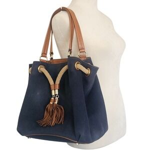 Michael Kors Navy Canvas Leather Trim Drawstring Bucket Bag Tassel Nautical Tote